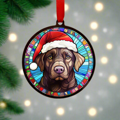 Labrador Chocolate in Santa Hat Suncatcher Decoration